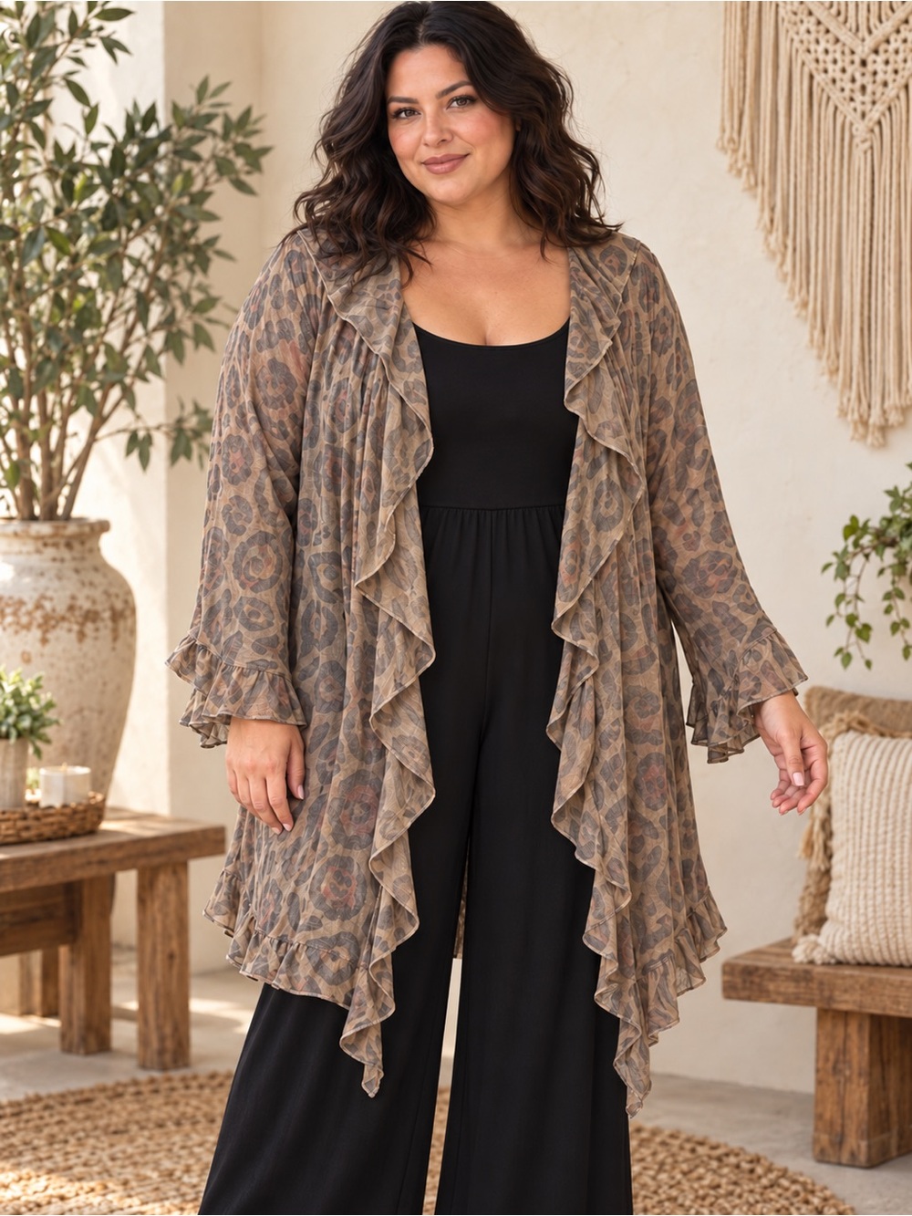 Origami Ruffled Open-Front Plus Size Cardigan in Taupe Leopard Size 2X